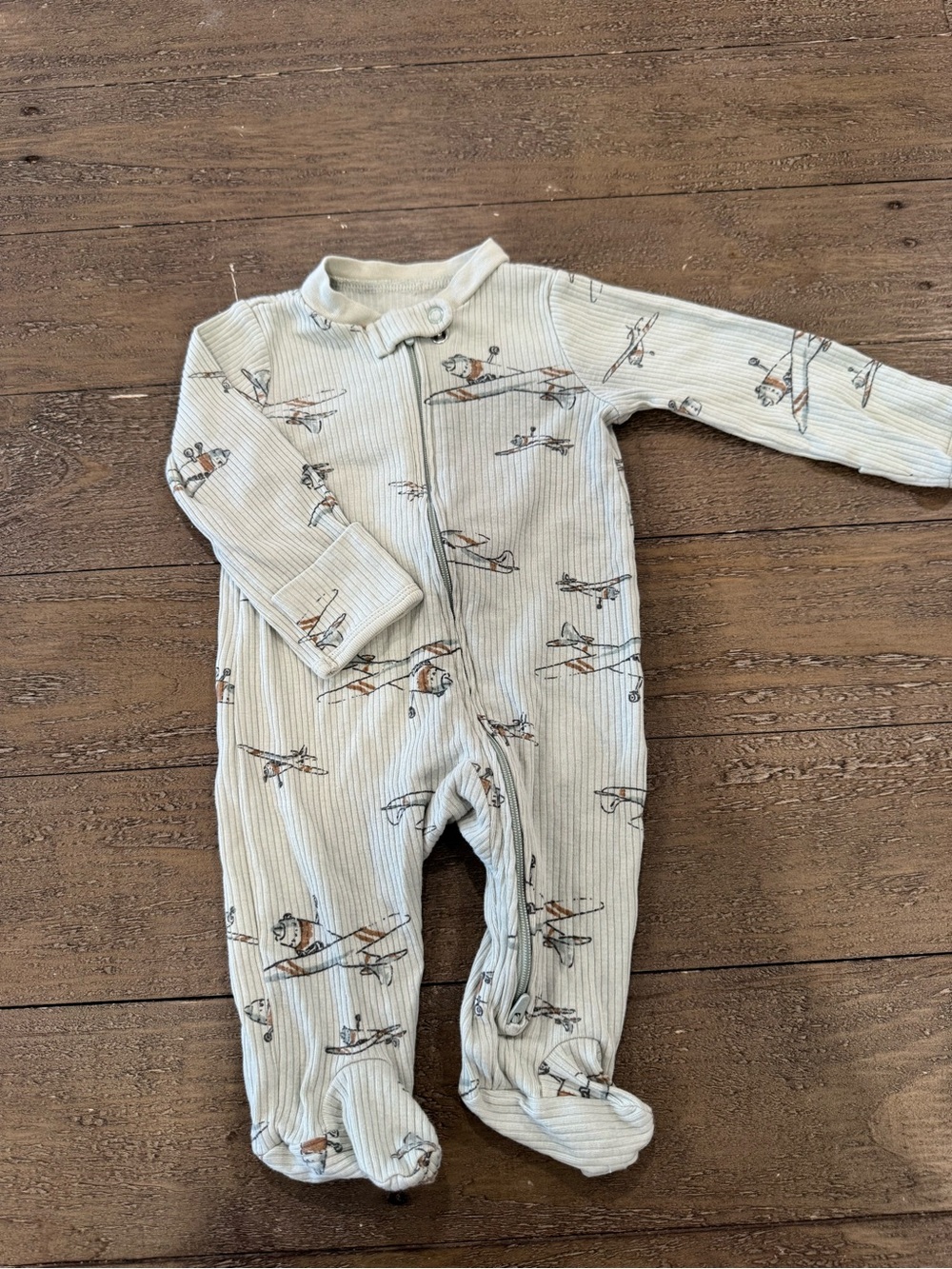 Carter's Light Sage Ribbed Footed One-Piece with Airplane Print